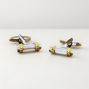 NWT Men’s Silver Gold Rope Barrel Bar Cuff Links Nautical Classic Wedding Office